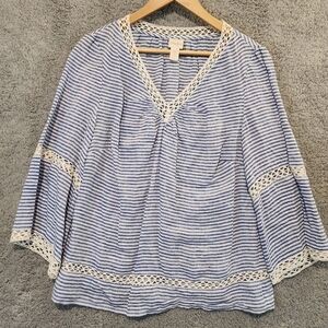 Chico's Blue White Striped Bell Sleeve Linen Blouse Top Crochet Boho Sz 1 Small